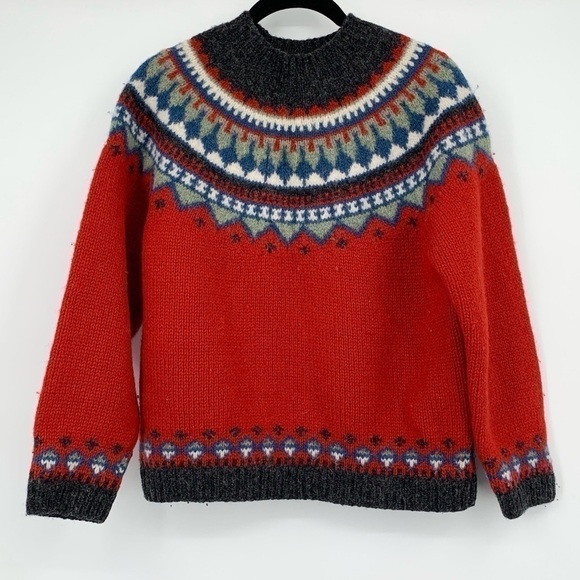 VINTAGE EDDIE BOWER RED WINTER THICK KNIT FAIR ISLE CHRISTMAS CHUNKY SWEATER - Picture 1 of 7